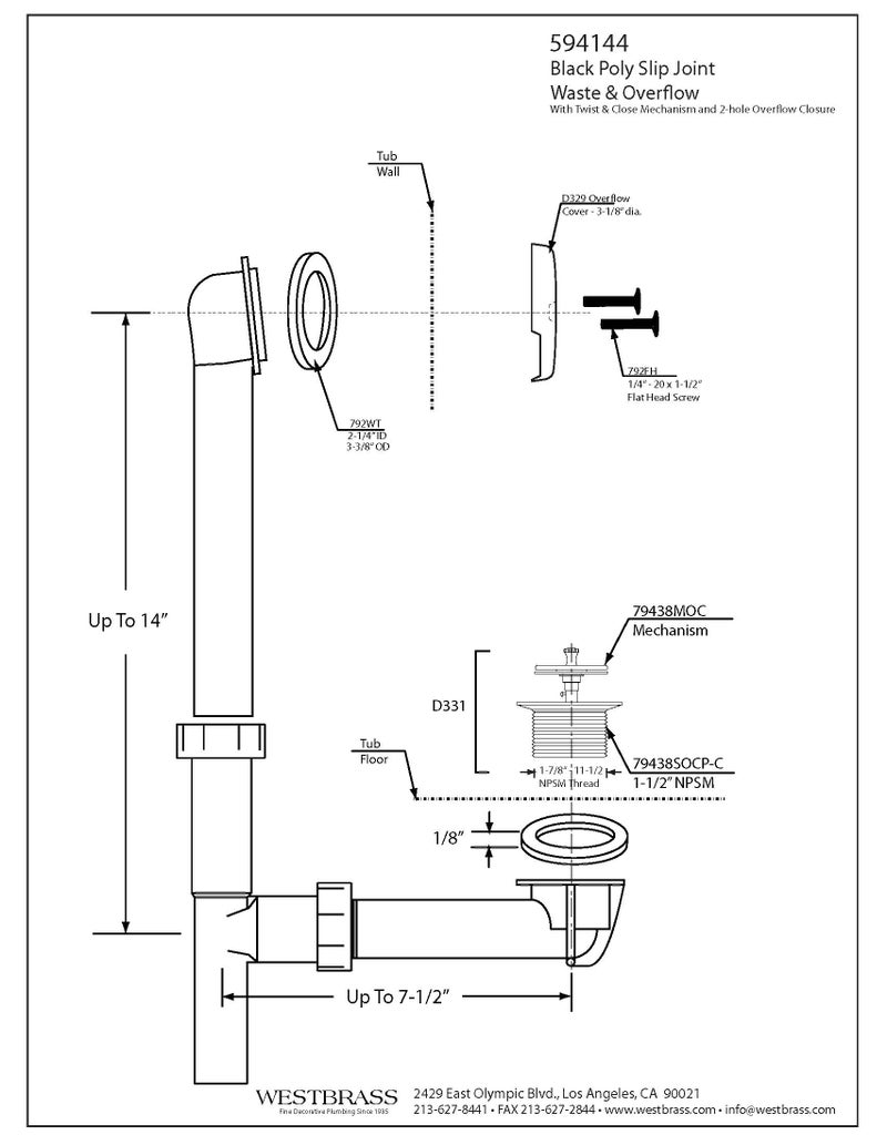 Westbrass Y594144CP Black Tubular Twist & Close Drain Bath Waste and Overflow, Polished Chrome - Image 2